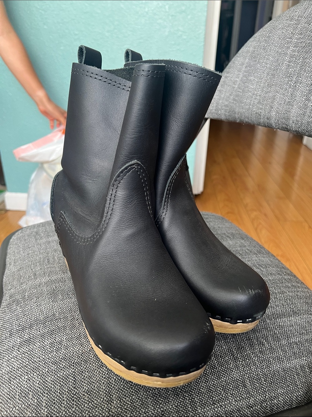 Women's Black Leather Ankle Clog Boots - Comfortable Pull-On Booties